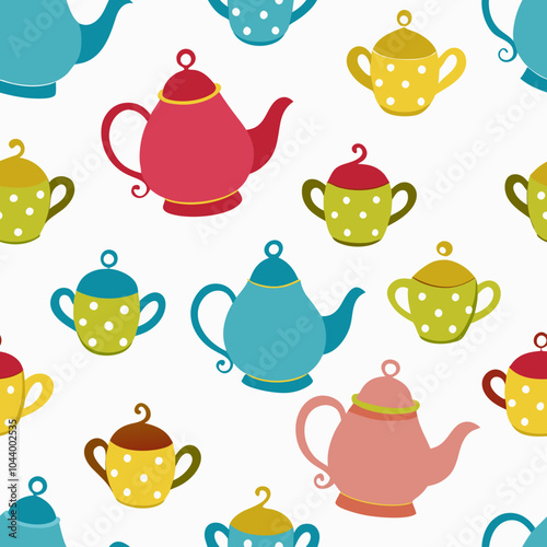 Seamless Pattern with Decorative Cups and Teapots Vector.