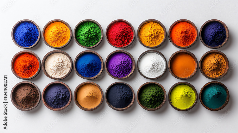 Colorful powders in small bowls arranged in flat lay display, showcasing vibrant palette of hues including red, blue, green, yellow, and orange. This captures essence of creativity and artistic Colorful powders in small bowls arranged in flat lay display, showcasing vibrant palette of hues including red, blue, green, yellow, and orange. This captures essence of creativity and artistic