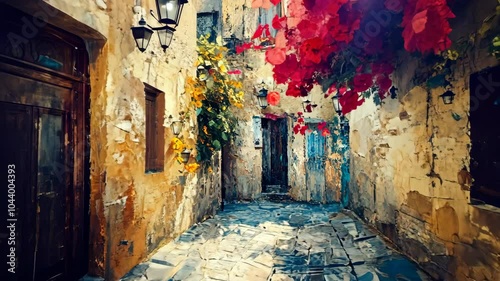 A narrow cobblestone alleyway in a Mediterranean town, with vibrant red flowers blooming overhead and old streetlights casting a warm glow