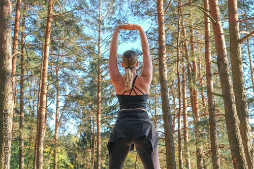 Workout. Fitness, outdoor workout in nature. Fitness, motivation for working the gym, health improvement. Woman doing sports outdoors,wellness, Health, nature, fitness, eco-fitness. mental health. photo