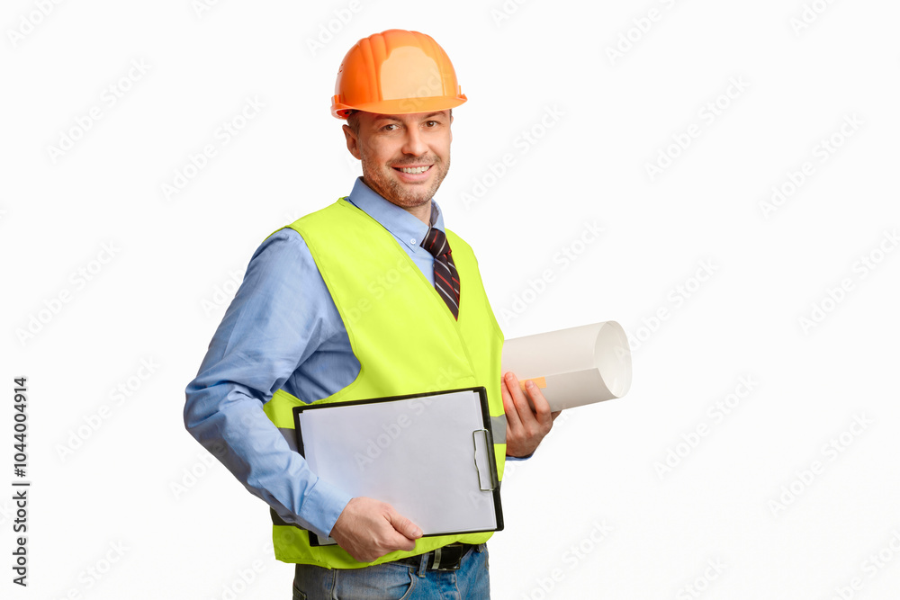 Building Plan. Architect Holding Project Papers And Folder Smiling To Camera Standing On White Studio Background. Building Plan. Architect Holding Project Papers And Folder Smiling To Camera Standing On White Studio Background.
