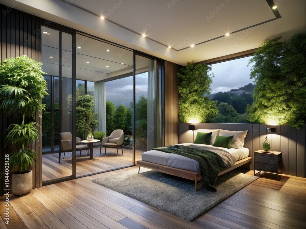 Fototapeta premium Minimalist Bedroom Interior with Glass Doors and Lush Balcony - Night Photography