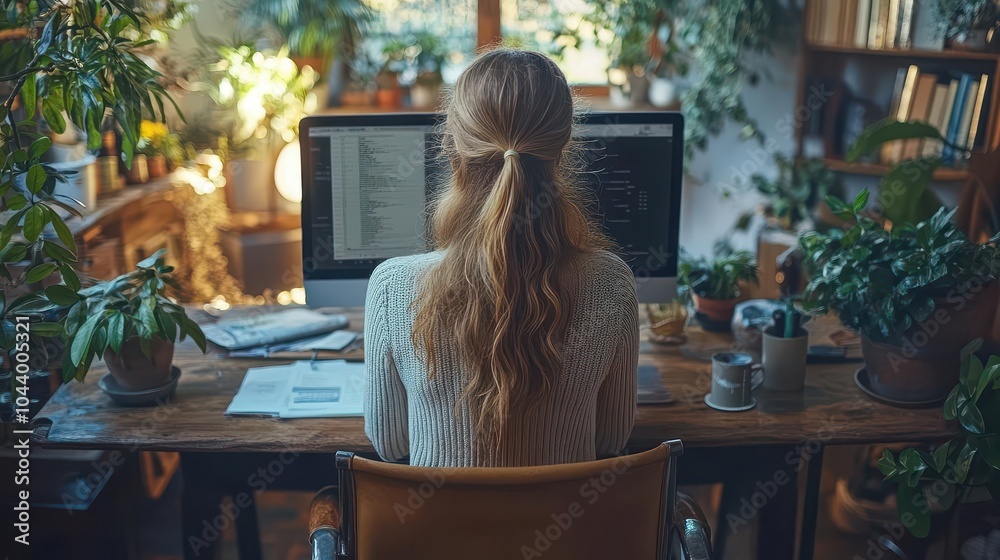 woman at a desk with a computer monitor and a steaming cup of coffee surrounded by an organized workspace that reflects productivity focus and modern professional life woman at a desk with a computer monitor and a steaming cup of coffee surrounded by an organized workspace that reflects productivity focus and modern professional life