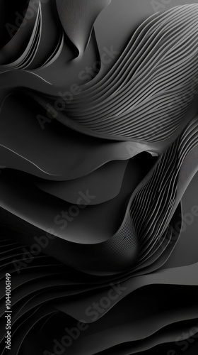 Abstract black waves with layered textures, creating a modern and elegant design, ideal for backgrounds, technology, and minimalist art concepts