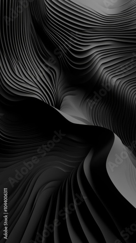 vertical 3D Abstract black waves with layered textures, creating a modern and elegant design, ideal for backgrounds, technology, and minimalist art concepts, mockup, wallpaper