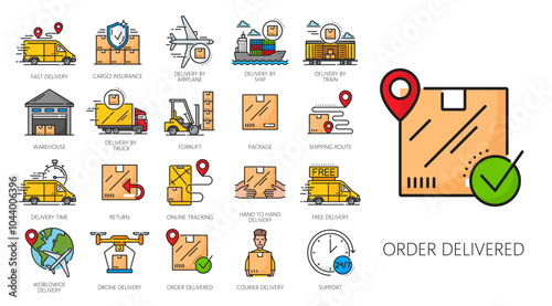 Color cargo carriage service, logistics line icons of supply chain and shipping, vector pictograms. Delivery and storage warehouse, logistics icons of parcel tracking and courier express fast shipment