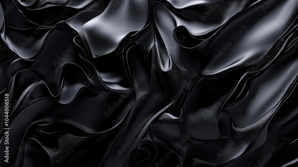 Fototapeta premium Abstract black silk fabric with flowing, smooth folds creating a luxurious and elegant texture. Perfect for concepts related to luxury, fashion, minimalism, and high-end design, mockup