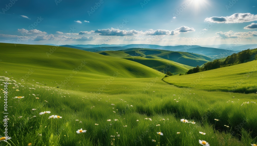 Obraz premium Panoramic view of endless grassy hills