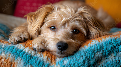 Soft and cozy dog resting on a vibrant blanket in a warm indoor setting during the afternoon