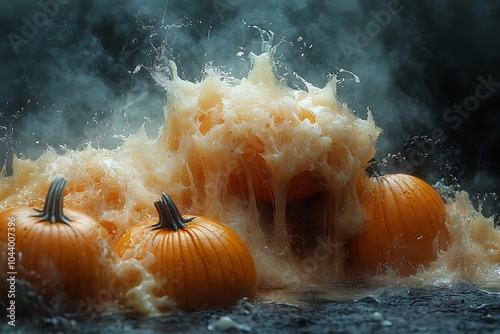 Three pumpkins engulfed in a splash of viscous liquid.