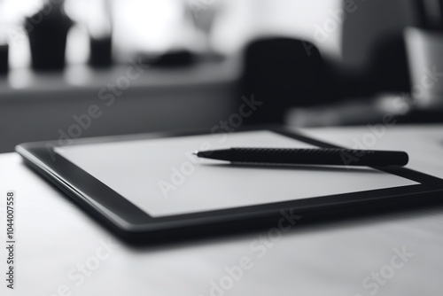 Monochrome image of tablet and stylus on desk, focus on creativi photo