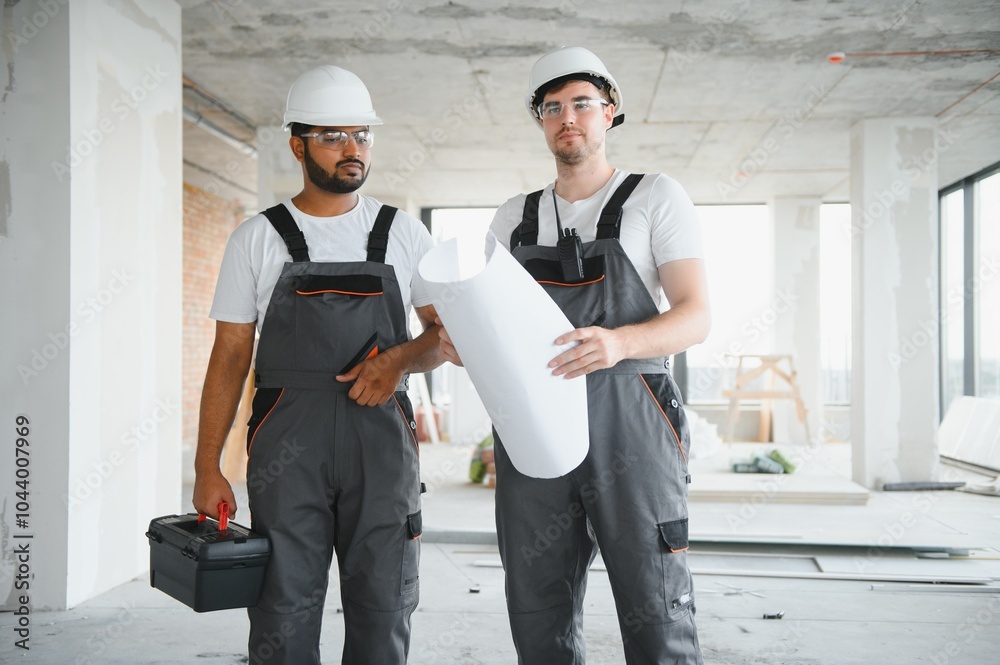 multicultural builders in hardhats at construction site multicultural builders in hardhats at construction site