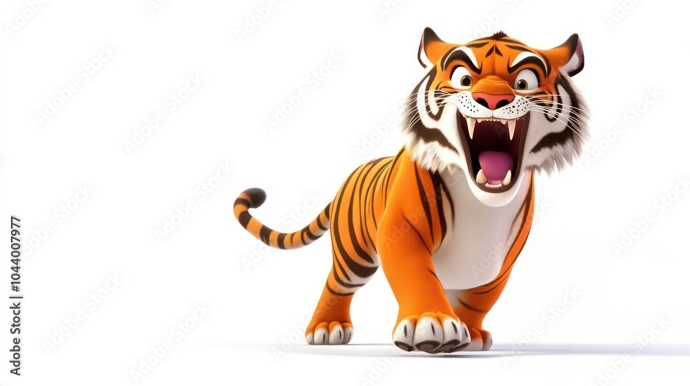 A cartoon tiger with an open mouth, roaring and walking forward. A cartoon tiger with an open mouth, roaring and walking forward.