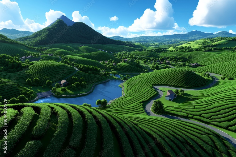 Obraz premium Pixel art of a Sri Lankan tea plantation, with pixelated green hills and rows of tea bushes under a blue sky