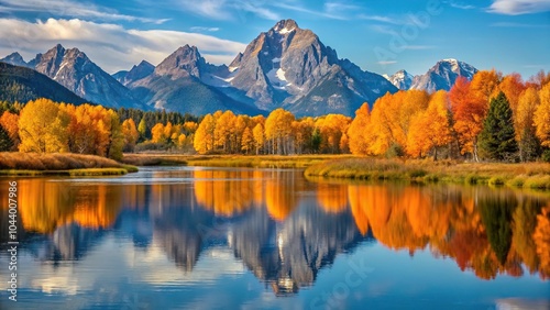 Scenic landscape of Oxbow Bend with Mount Moran and autumn colors