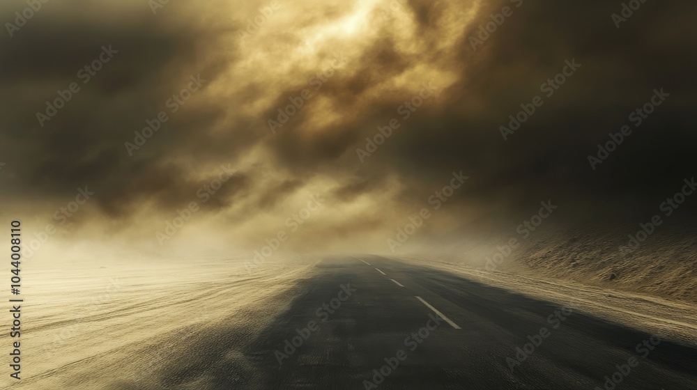 A foreboding dust storm approaches an isolated road engulfing the landscape in darkness A foreboding dust storm approaches an isolated road engulfing the landscape in darkness