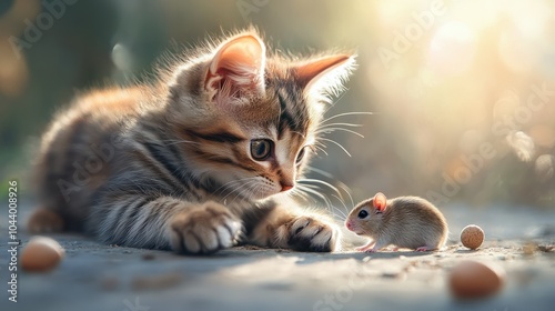 Cat playing with little gerbil mouse on thetable photo