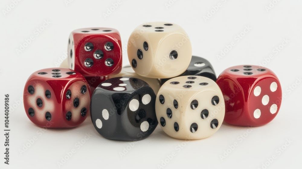 Classic six-sided dice in red and cream colors showcase various numbers, arranged neatly to highlight their unique faces and colors Classic six-sided dice in red and cream colors showcase various numbers, arranged neatly to highlight their unique faces and colors
