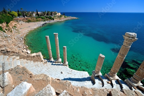 Ruins of Leptis Magna in Libya, with its impressive Roman columns and arches standing tall against the Mediterranean coast