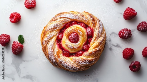 Classic Danish pastry with a raspberry swirl, isolated on a white marble background, surrounded by fresh raspberries and a light dusting of powdered sugar photo