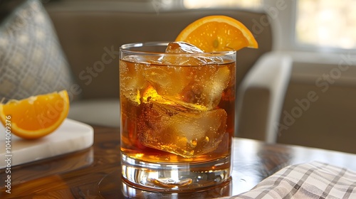 Cozy and Elegant Old Fashioned Cocktail with Orange Slice Garnish in a Comfortable Home Setting