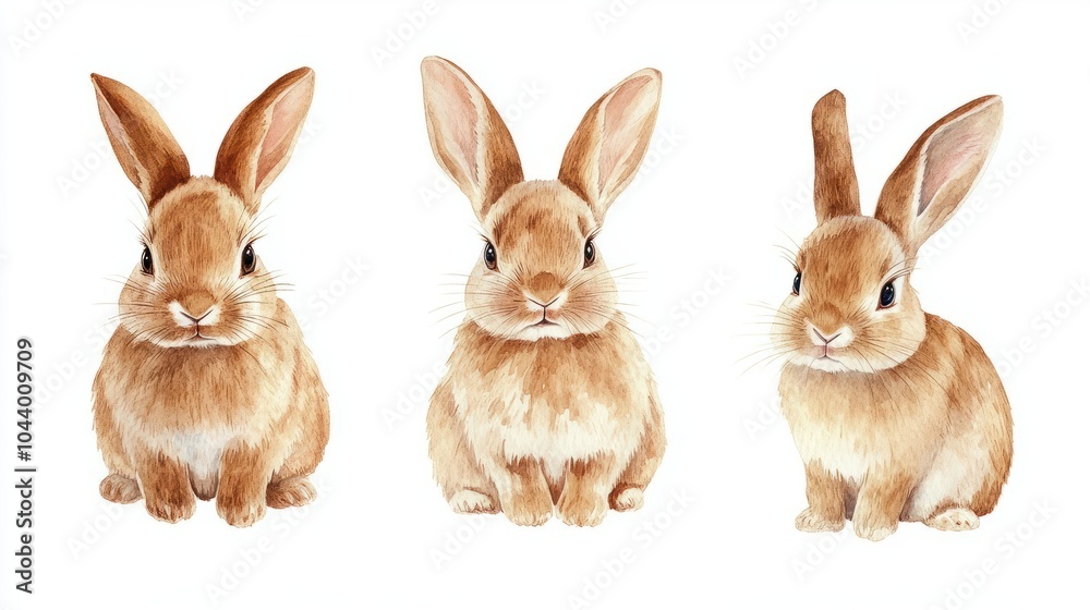 Obraz premium Collection of three watercolour paintings of brown cute rabbits isolated on white background, animal clipart bundle.