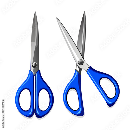 Realistic set of scissors with blue plastic handles, with open and closed blades vector (7)