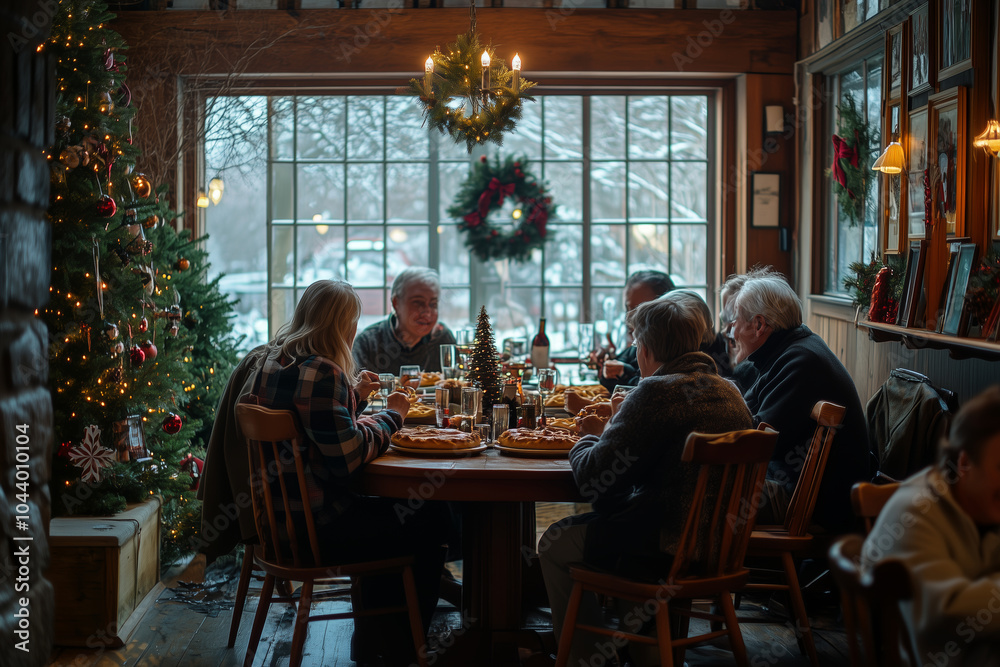 Friends gathering joyfully in a cozy dining room for a festive meal Friends gathering joyfully in a cozy dining room for a festive meal