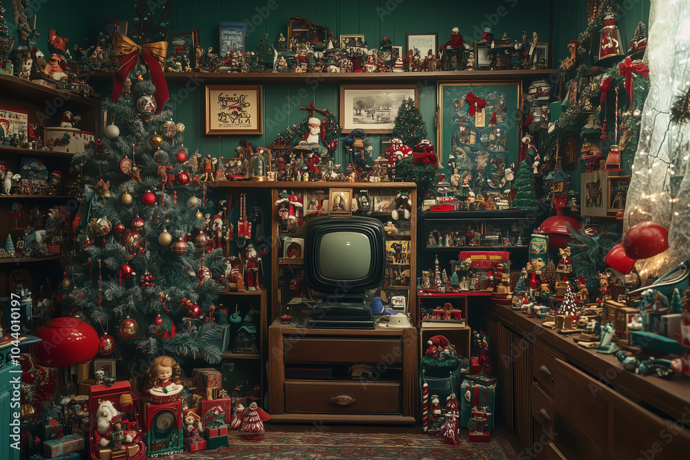 A charming retro corner filled with festive decorations and nostalgic treasures A charming retro corner filled with festive decorations and nostalgic treasures