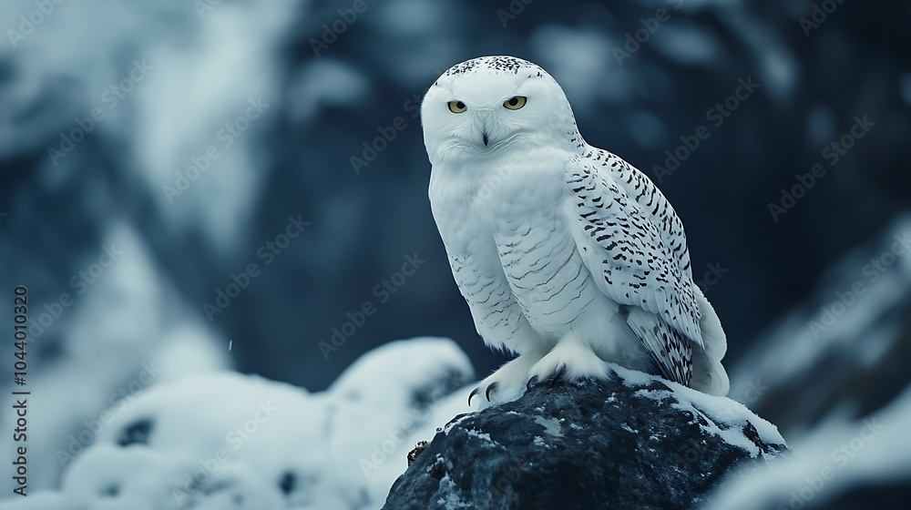 Fototapeta premium Snowy owl with piercing eyes in expansive winter wilderness