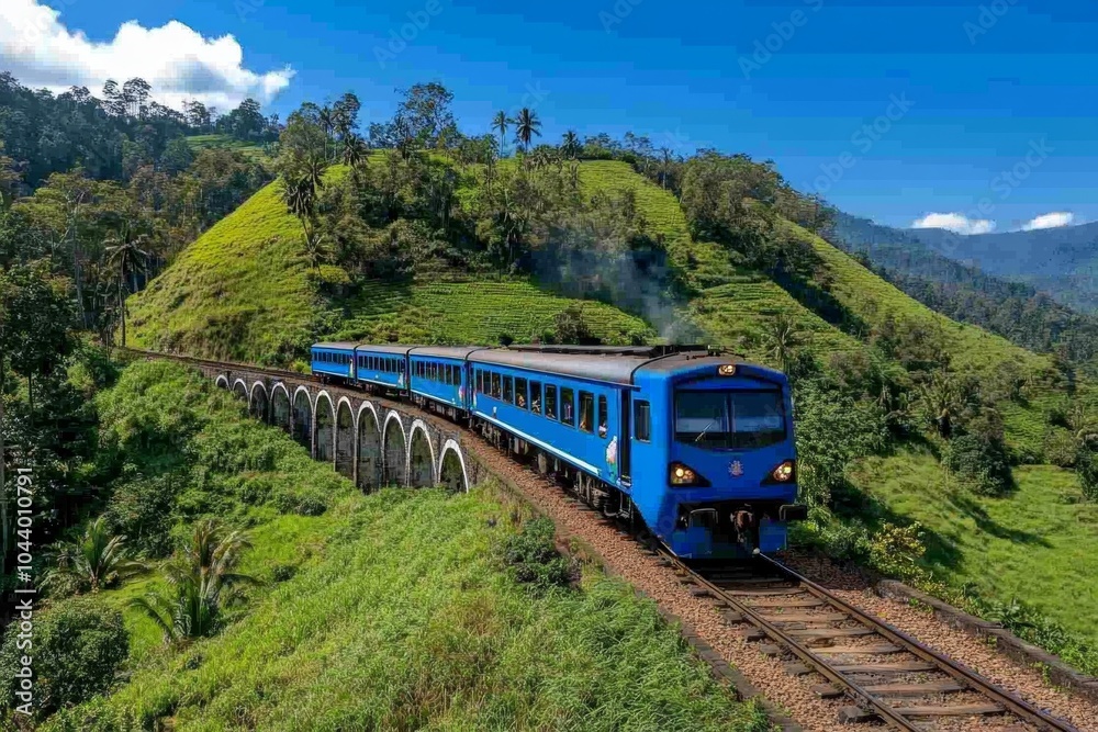 Fototapeta premium The iconic Nine Arches Bridge, surrounded by lush greenery as a train crosses over the valley near Ella