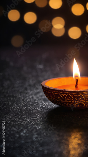 Diwali oil lamp Diya against dark bokeh background 