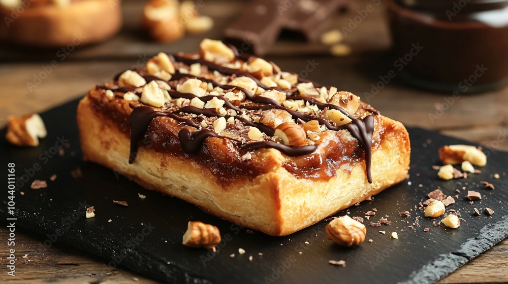 Danish pastry with hazelnut spread and chopped nuts, placed on a black slate plate, garnished with hazelnut pieces and a drizzle of chocolate Danish pastry with hazelnut spread and chopped nuts, placed on a black slate plate, garnished with hazelnut pieces and a drizzle of chocolate