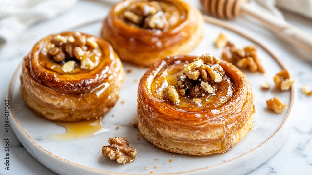 Danish pastry with honey and walnuts, isolated on a white marble plate, garnished with walnut pieces and a drizzle of honey Danish pastry with honey and walnuts, isolated on a white marble plate, garnished with walnut pieces and a drizzle of honey