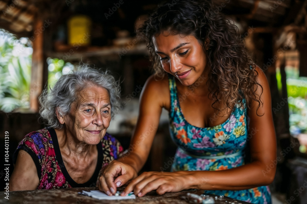 Fototapeta premium A Latina caregiver helps an elderly woman with her medication pills.