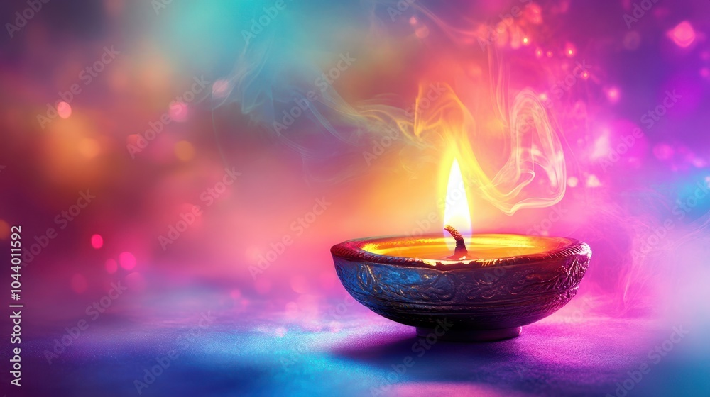 Diwali celebration with illuminated oil lamp on colorful background for prosperity and good luck wishes with copy space Diwali celebration with illuminated oil lamp on colorful background for prosperity and good luck wishes with copy space