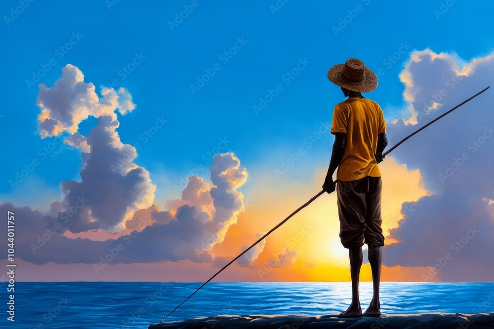 Watercolor depiction of a Sri Lankan stilt fisherman, with gentle washes of color highlighting the ocean and evening sky Watercolor depiction of a Sri Lankan stilt fisherman, with gentle washes of color highlighting the ocean and evening sky