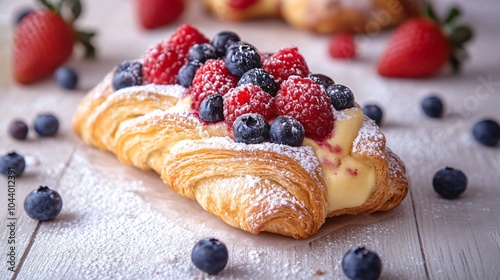 Danish pastry with vanilla custard and fresh berries, isolated on a light wooden surface, decorated with strawberries, blueberries, and a sprinkle of powdered sugar