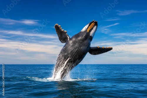 Whale watching off the coast of Mirissa, with a blue whale breaching the surface against the backdrop of the open ocean