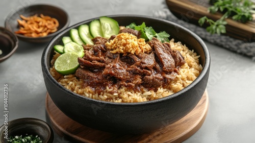 Savory Beef Rice Bowl with Fresh Vegetables and Herbs