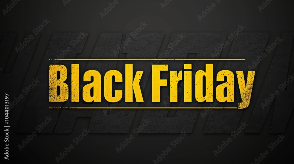 Grungy Black Friday banner with yellow bold text on a black background. Concept of holiday sales, retail discounts, and seasonal shopping promotions