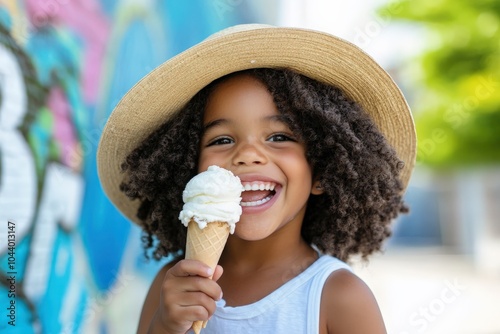 Kid Eating Ice Cream Outdoors. Sweet and Tasty Summer Treat.