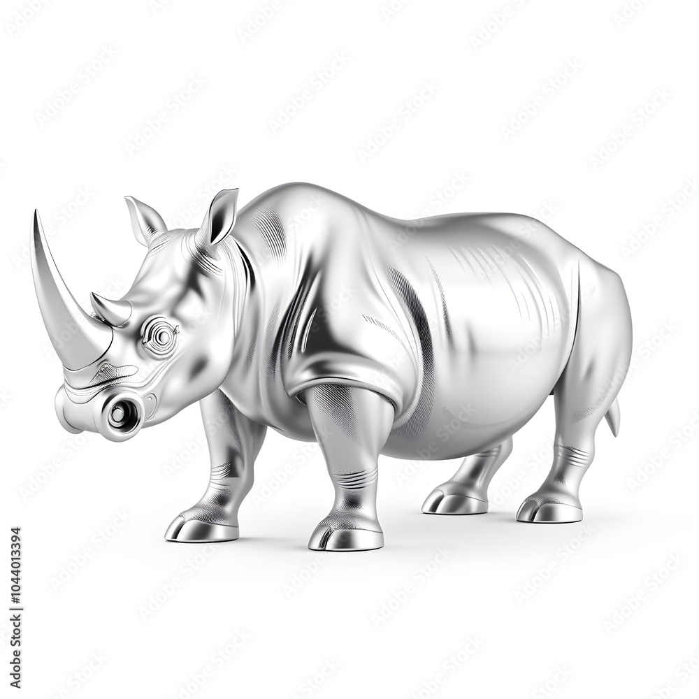 Fototapeta premium Rhino metallic 3D image of silver rhino on white background. Generative AI