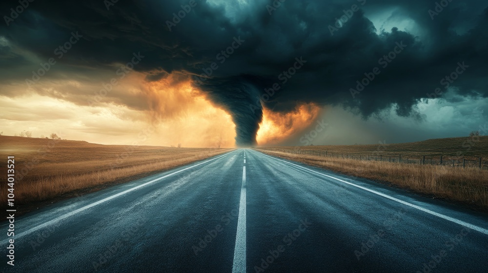 Dark storm clouds loom ominously as a tornado touches down near a deserted highway Dark storm clouds loom ominously as a tornado touches down near a deserted highway