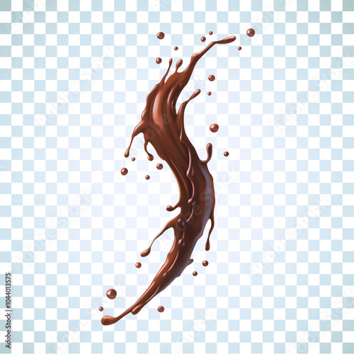 Dynamic chocolate splash with droplets, isolated on a transparent background, ideal for use in branding, food photography, and creative commercial visuals.