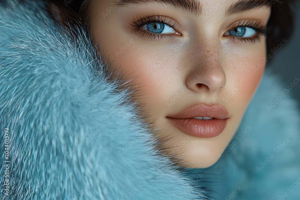 An elegant female model in a light blue fur coat against a dark backdrop, perfect for Christmas promotions, fashion events, or winter holiday campaigns. An elegant female model in a light blue fur coat against a dark backdrop, perfect for Christmas promotions, fashion events, or winter holiday campaigns.