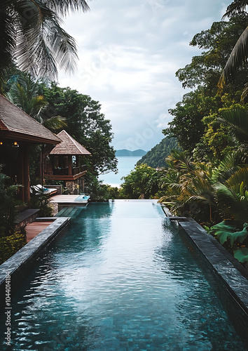 A luxury hotel swimming pool in Thailand surrounded by lush green tropical plants