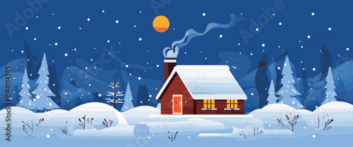 Cozy snowy cabin winter landscape, vector illustration, tranquil retreat, holiday cards