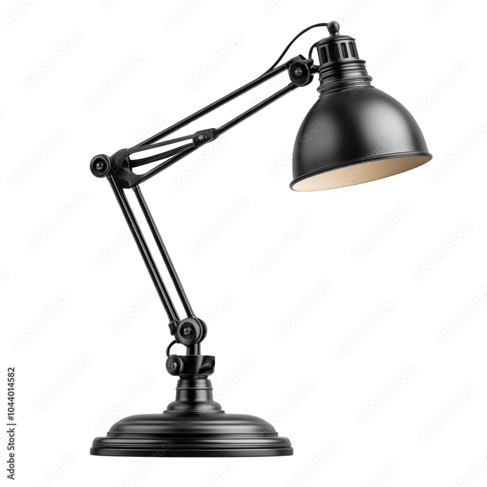 Stylish black desk lamp with adjustable arm and shade, isolated on transparent or white background Stylish black desk lamp with adjustable arm and shade, isolated on transparent or white background