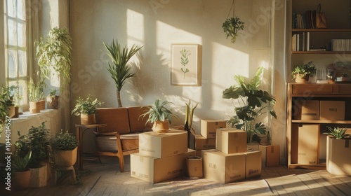 A sunlit living room with many houseplants, a couch, and several cardboard boxes.